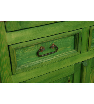 Zielona witryna z szufladkami i zamykaną półką
