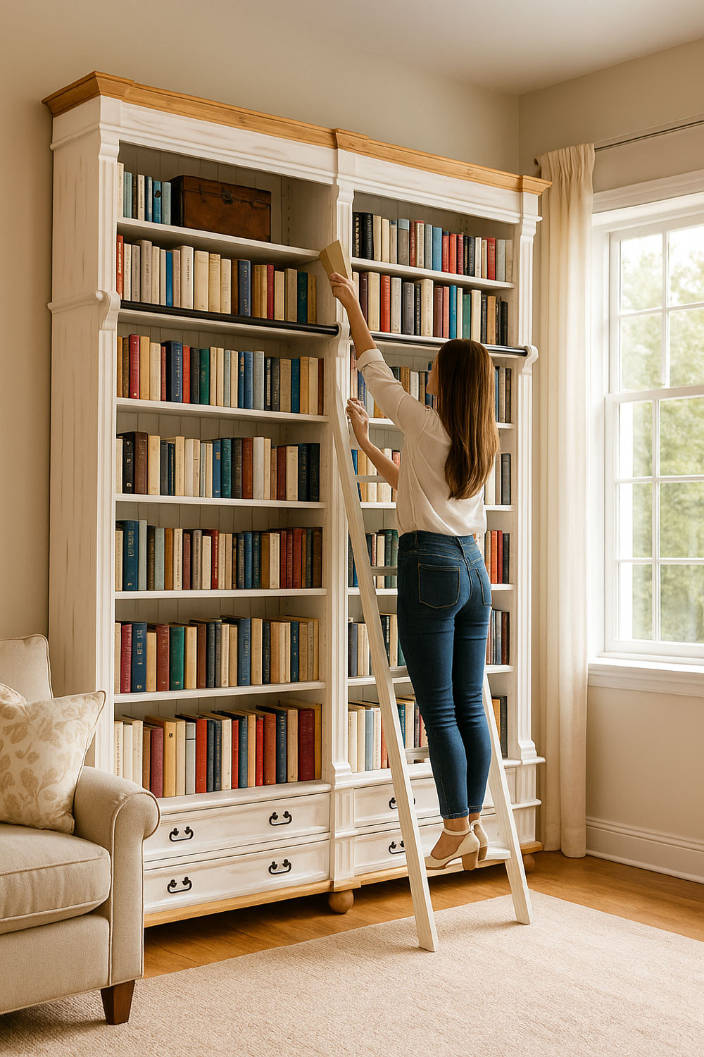 Wysoki regał na książki z drabinką